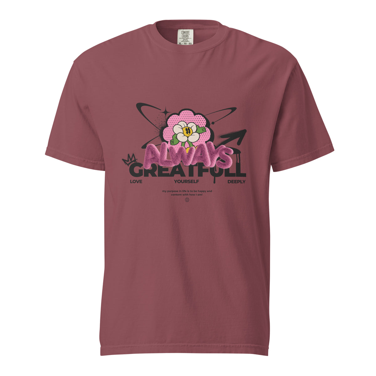 Brick T-shirt with a pink flower and Always Grateful lettering, front view.