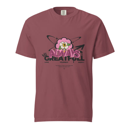 Brick T-shirt with a pink flower and Always Grateful lettering, front view.