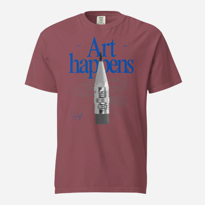 Brick T-shirt with blue Art Happens text and pencil graphic, front view.