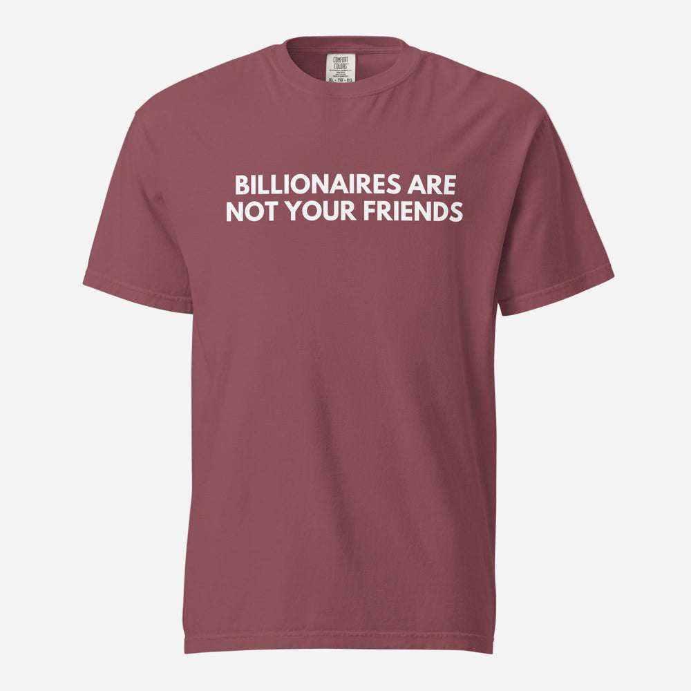 Brick T-shirt, front view, with white 'Billionaires Are Not Your Friends' lettering.