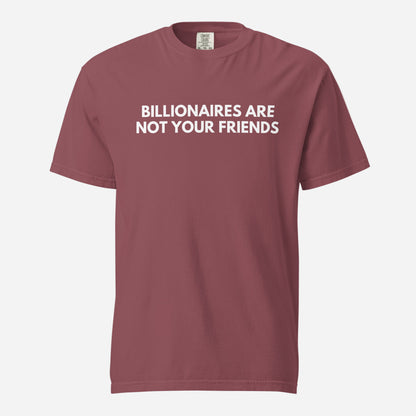 Brick T-shirt, front view, with white 'Billionaires Are Not Your Friends' lettering.