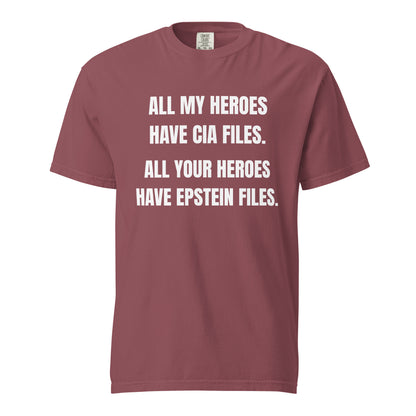 Brick T-shirt with white All My Heroes Have CIA Files slogan, front view.