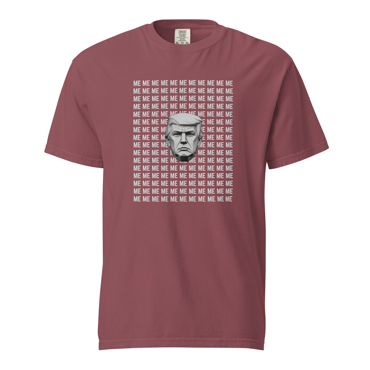 Brick T-shirt, front view with a grayscale Trump portrait surrounded by repeated ME text.