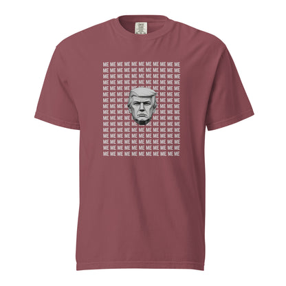 Brick T-shirt, front view with a grayscale Trump portrait surrounded by repeated ME text.