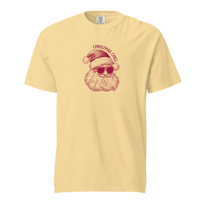 Butter T-shirt with a red Santa face in sunglasses and Christmas Chill text, front view.