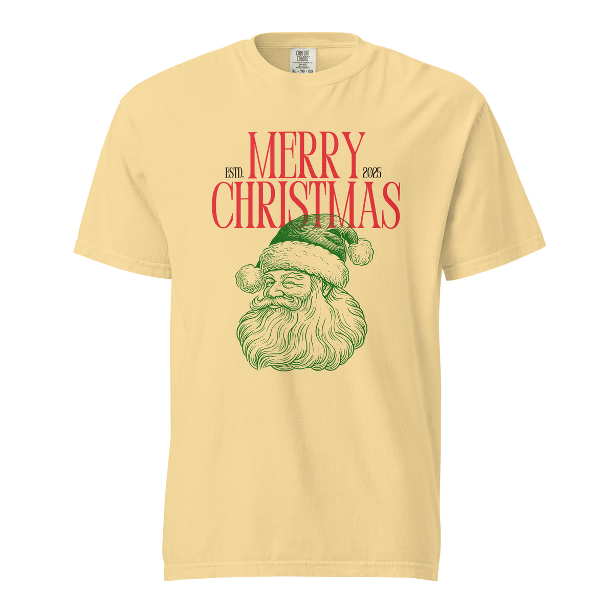 Butter T-shirt, front view with a green Santa face and red "Merry Christmas" lettering.