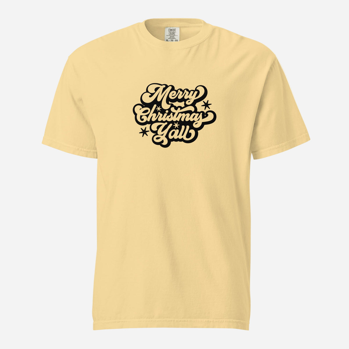 Butter T-shirt, front view, with black 'Merry Christmas Y'all' script and stars.