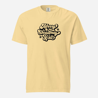 Butter T-shirt, front view, with black 'Merry Christmas Y'all' script and stars.