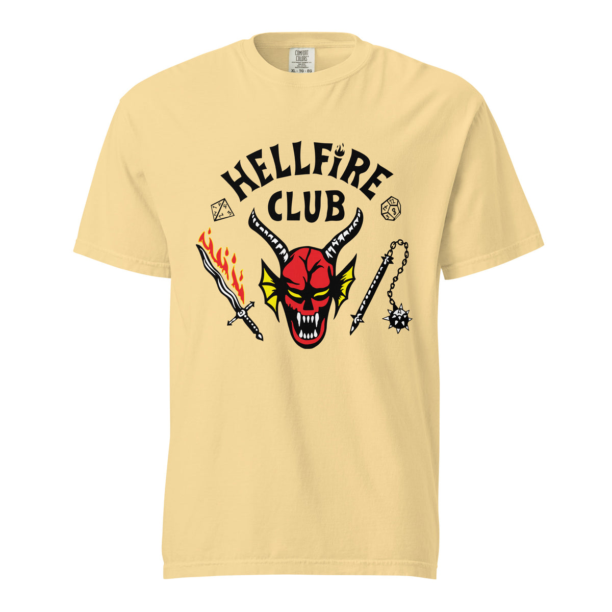 Butter T-shirt, front view, with a red horned face beneath black 'Hellfire Club' lettering.