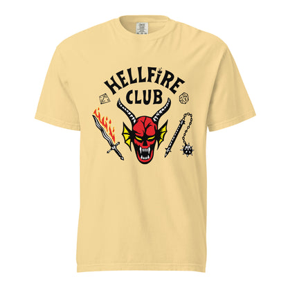 Butter T-shirt, front view, with a red horned face beneath black 'Hellfire Club' lettering.