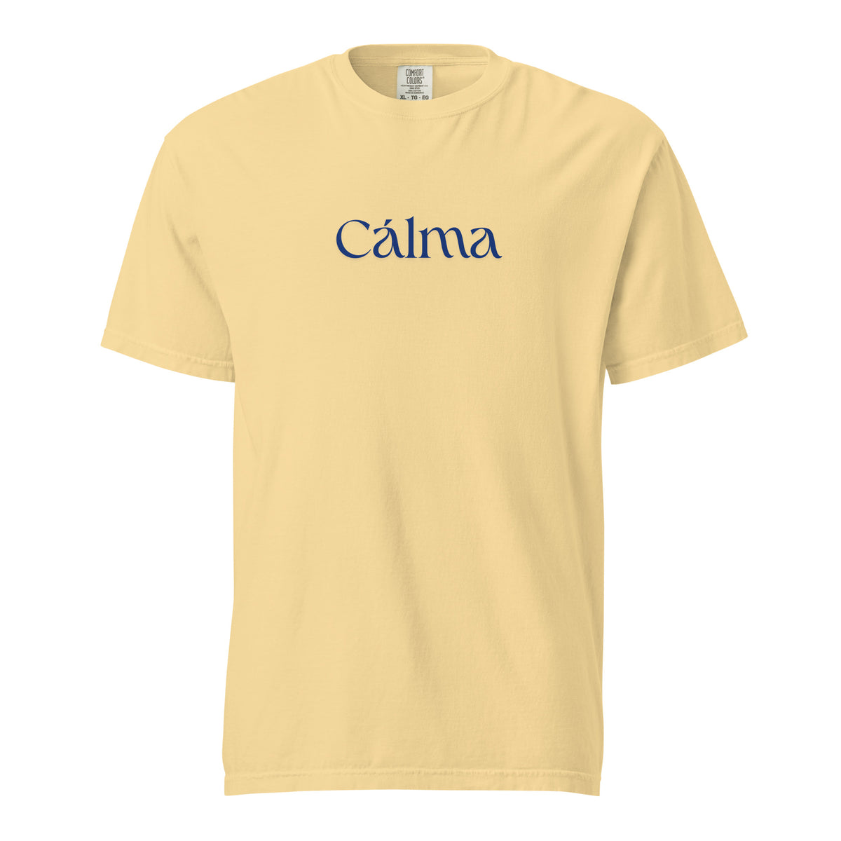Butter T-shirt, front view, with blue 'Calma' lettering.