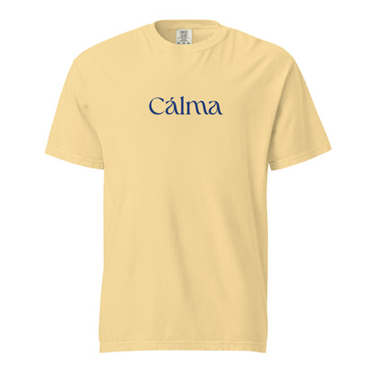 Butter T-shirt, front view, with blue 'Calma' lettering.