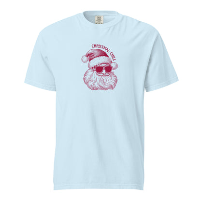 Chambray T-shirt with a red Santa face in sunglasses and Christmas Chill text, front view.