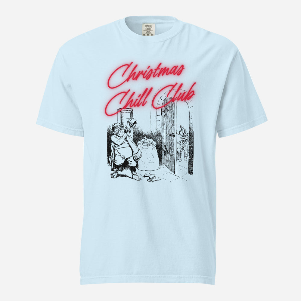Chambray T-shirt, front view, with a seated Santa illustration beneath red 'Christmas Chill Club' script.