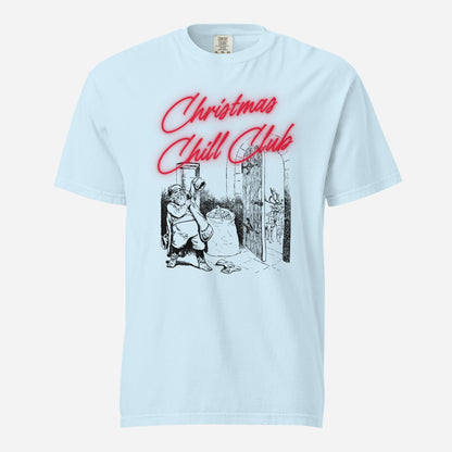 Chambray T-shirt, front view, with a seated Santa illustration beneath red 'Christmas Chill Club' script.