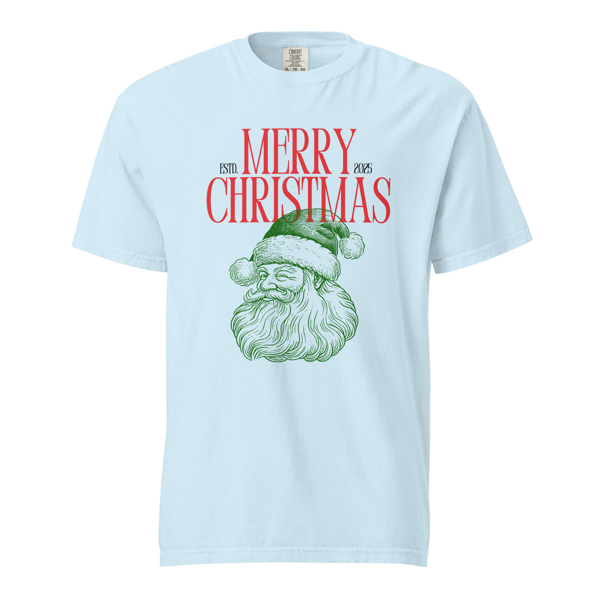 Chambray T-shirt, front view with a green Santa face and red "Merry Christmas" lettering.