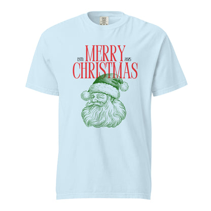Chambray T-shirt, front view with a green Santa face and red "Merry Christmas" lettering.
