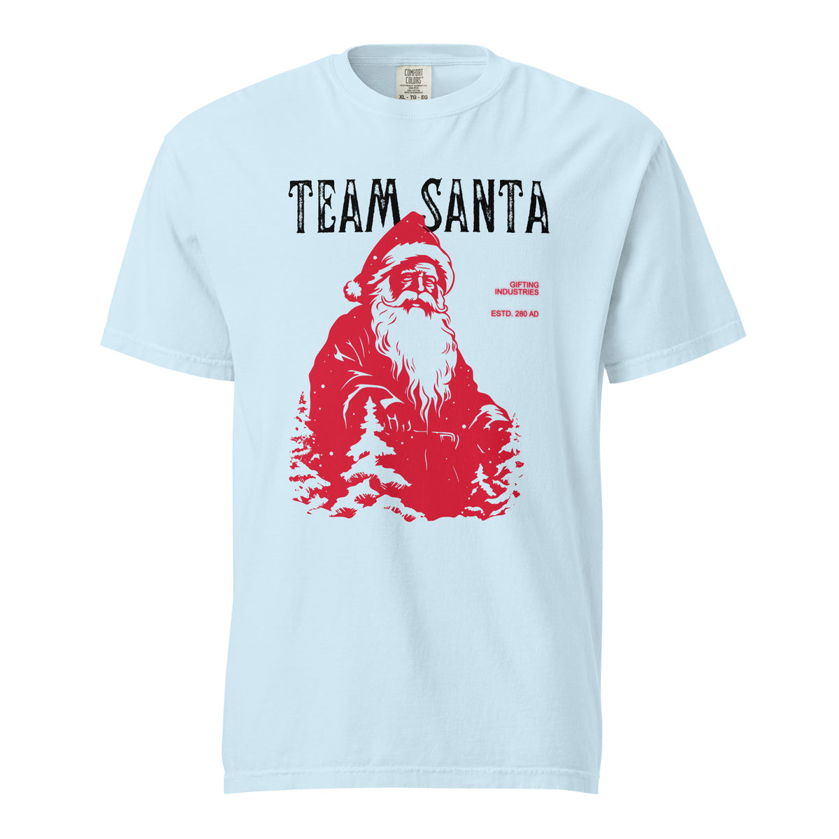 Chambray T-shirt, front view, with a red Santa and tree illustration beneath black 'Team Santa' text.