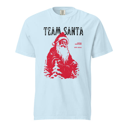 Chambray T-shirt, front view, with a red Santa and tree illustration beneath black 'Team Santa' text.