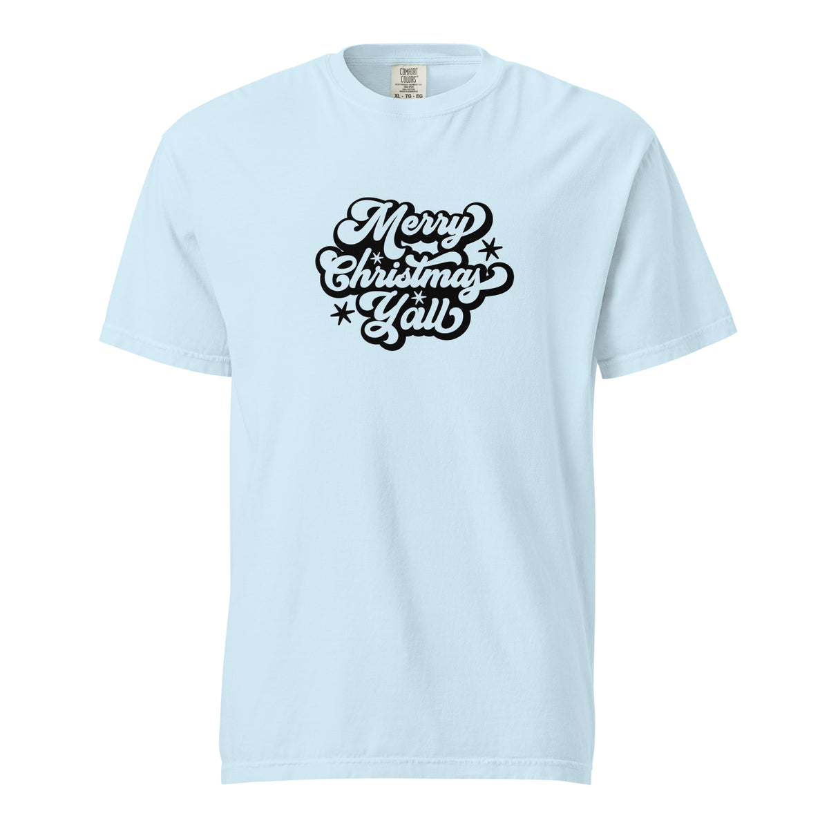 Chambray T-shirt, front view, with black 'Merry Christmas Y'all' script and stars.
