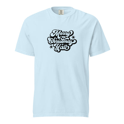 Chambray T-shirt, front view, with black 'Merry Christmas Y'all' script and stars.
