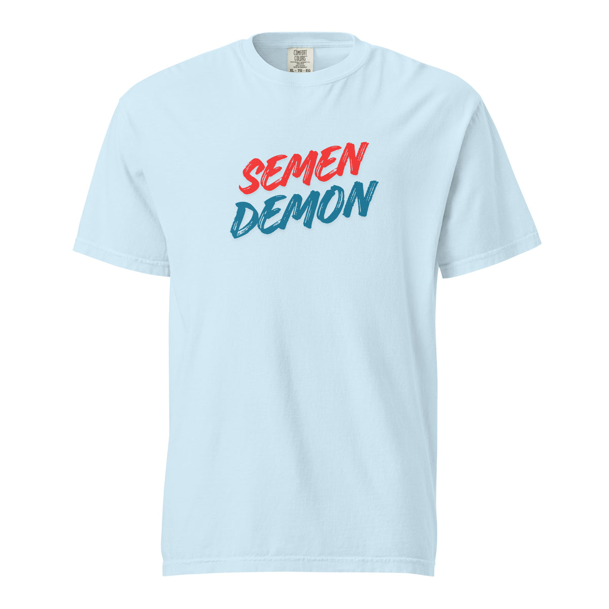 Chambray T-shirt, front view, with red and teal 'Semen Demon' lettering.