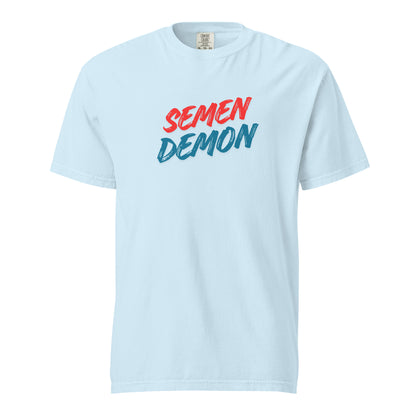 Chambray T-shirt, front view, with red and teal 'Semen Demon' lettering.