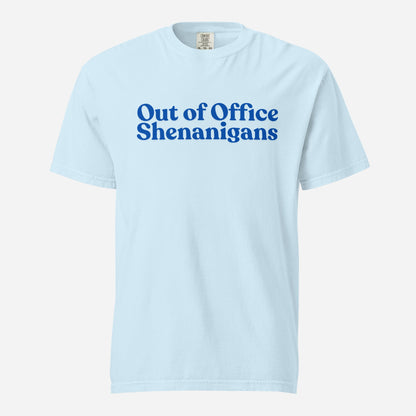 Chambray T-shirt, front view, with blue stacked 'Out of Office Shenanigans' lettering.