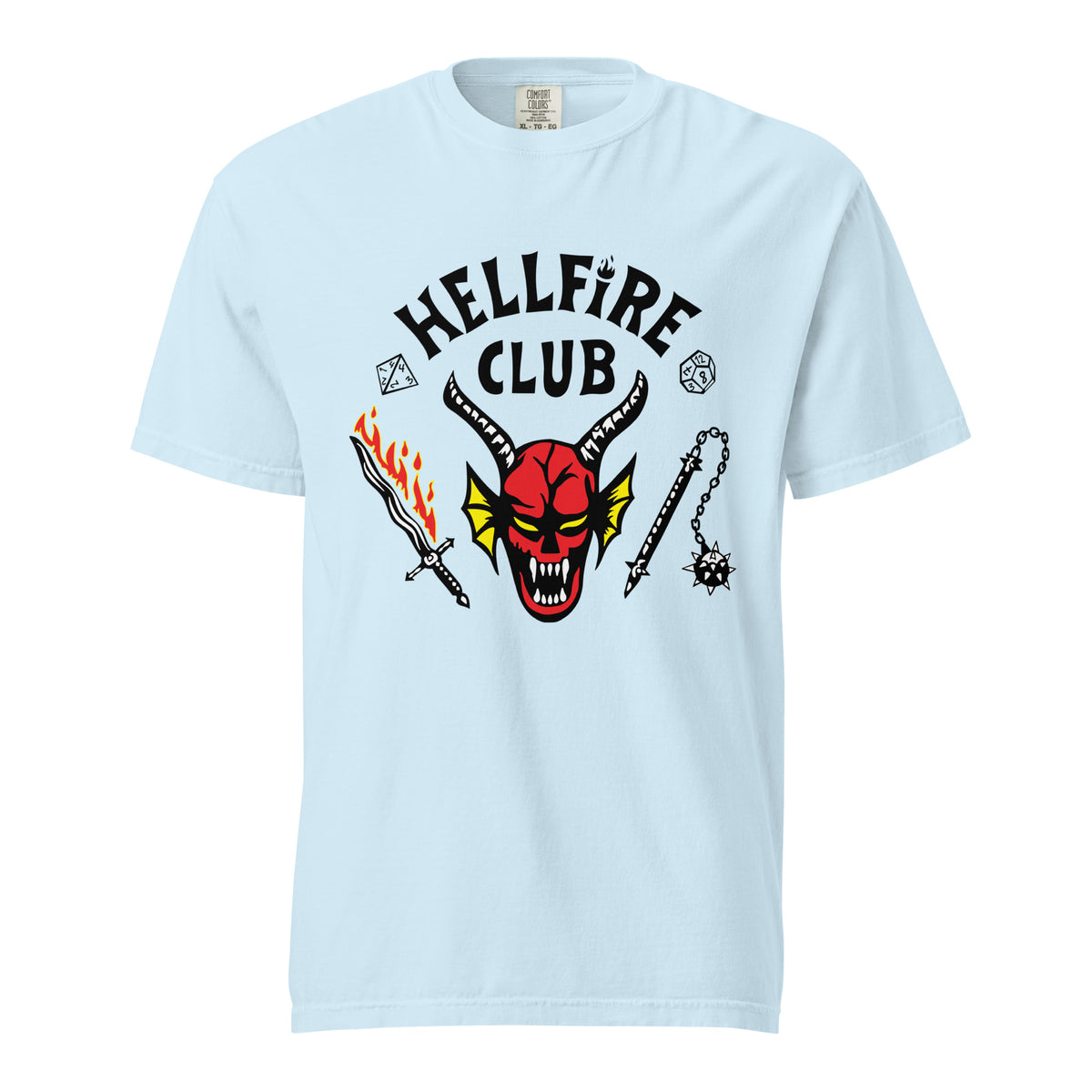 Chambray T-shirt, front view, with a red horned face beneath black 'Hellfire Club' lettering.