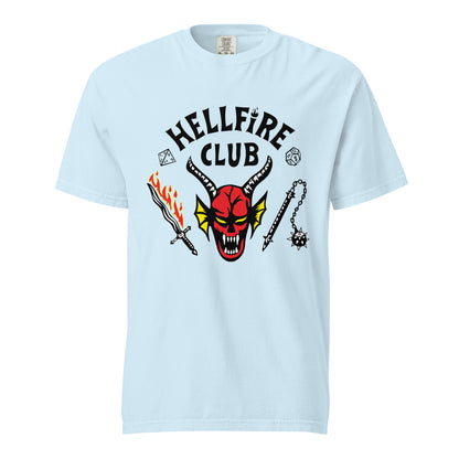 Chambray T-shirt, front view, with a red horned face beneath black 'Hellfire Club' lettering.