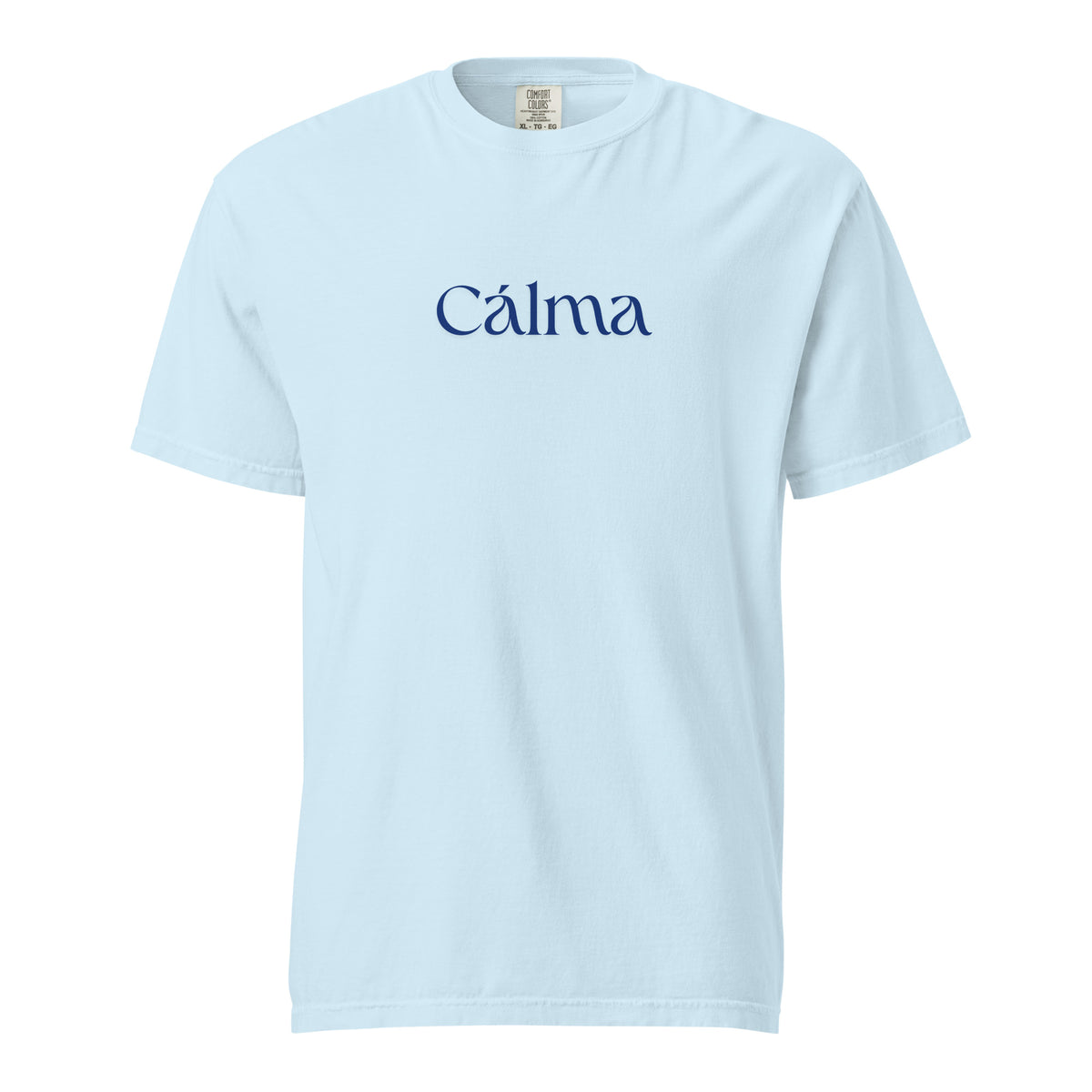 Chambray T-shirt, front view, with blue 'Calma' lettering.