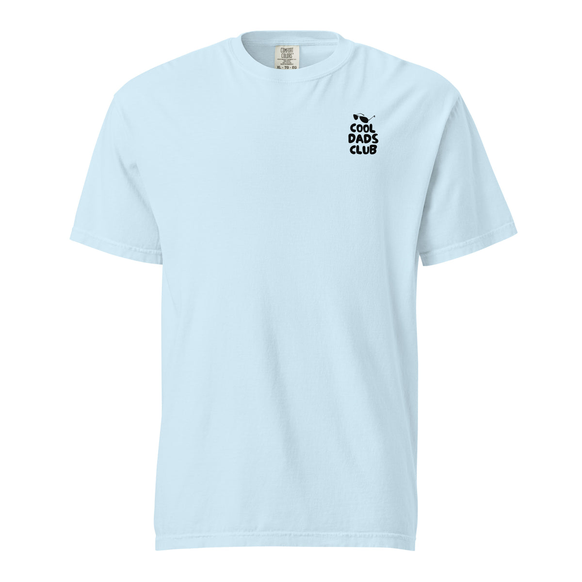Chambray T-shirt, front view, with small black 'Cool Dads Club' chest lettering.