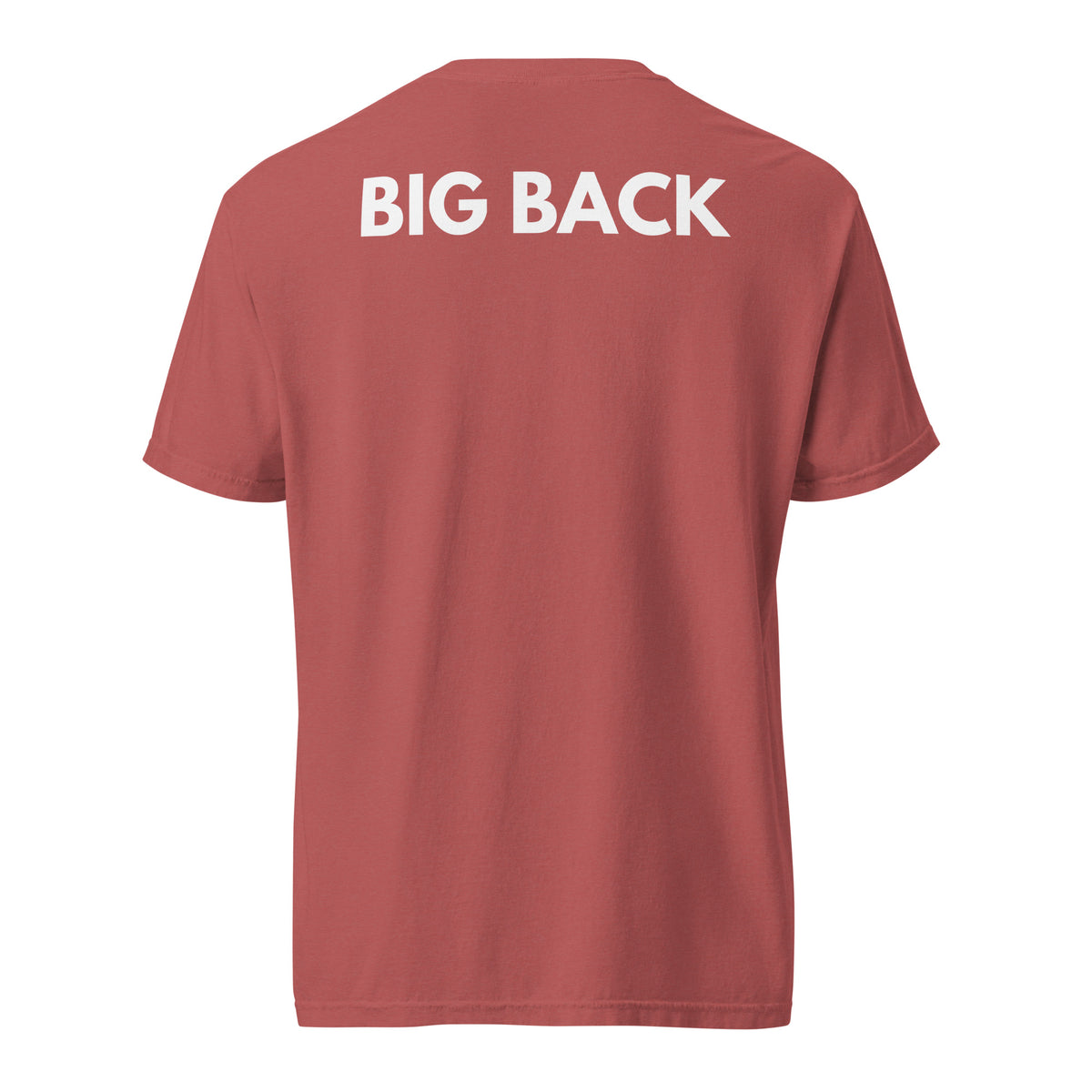 Crimson T-shirt with white Big Back lettering, back view.