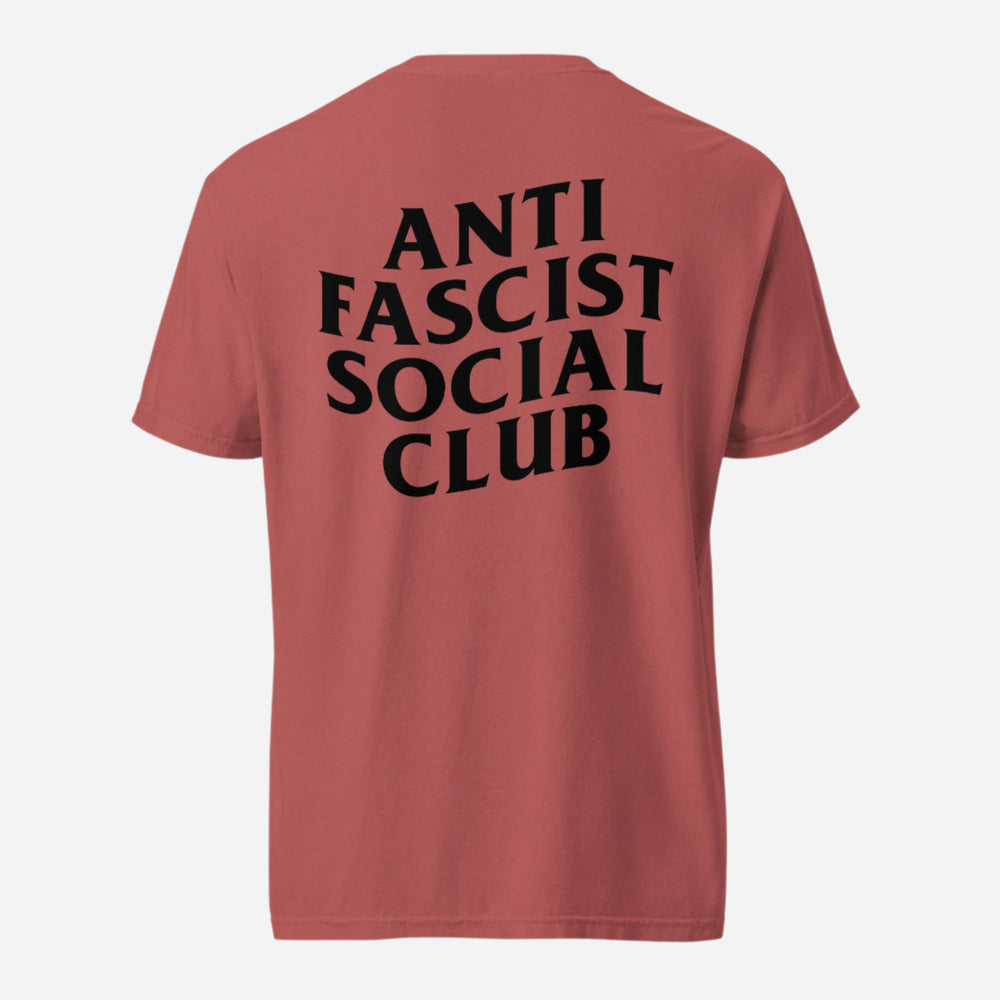 Crimson T-shirt, back view with large black "Anti Fascist Social Club" lettering.