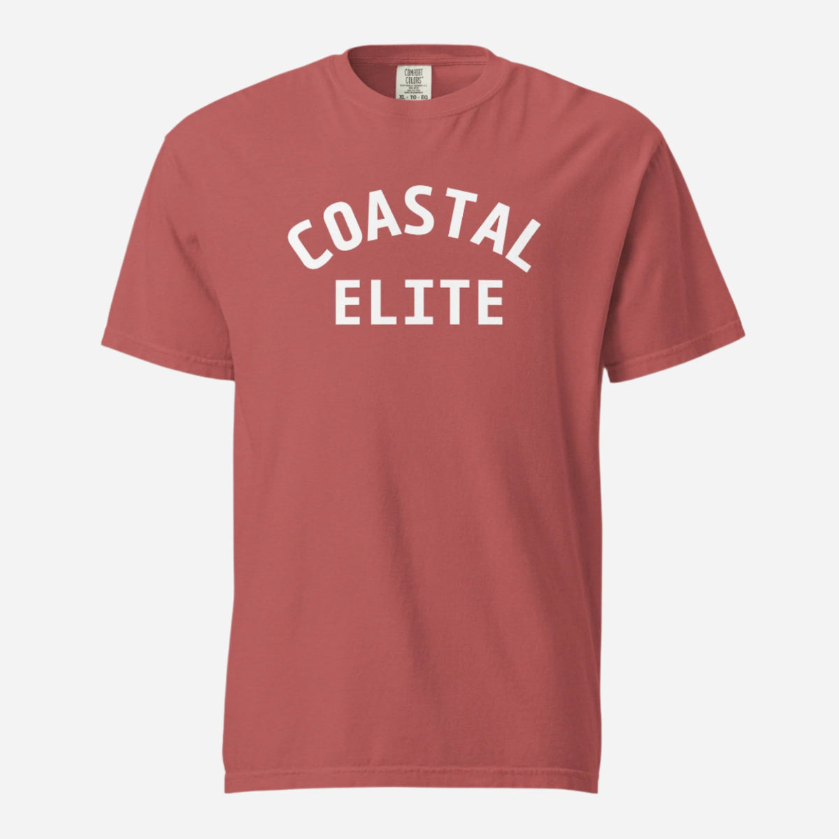 Crimson T-shirt, front view with white arched "Coastal Elite" lettering.