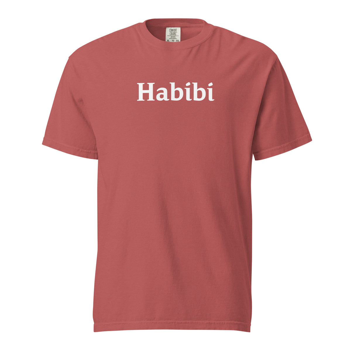 Crimson T-shirt, front view with white "Habibi" lettering.