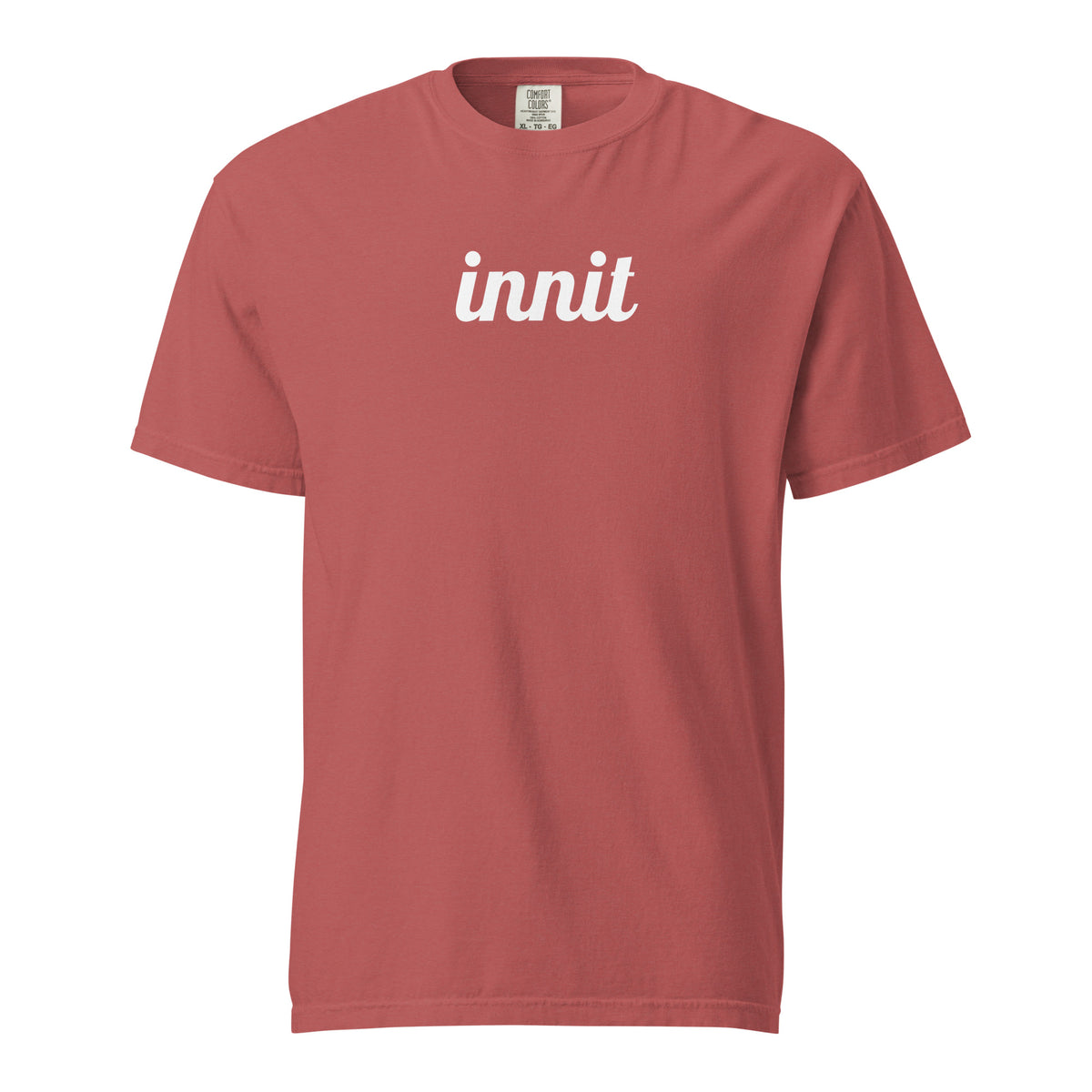 Innit T-shirt in Crimson, front view with white "innit" lettering.