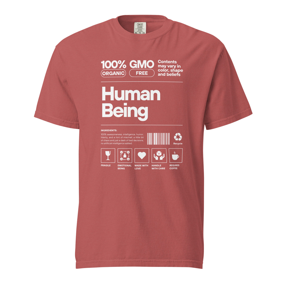Crimson T-shirt, front view, with a white label-style 'Human Being' design with small icons.