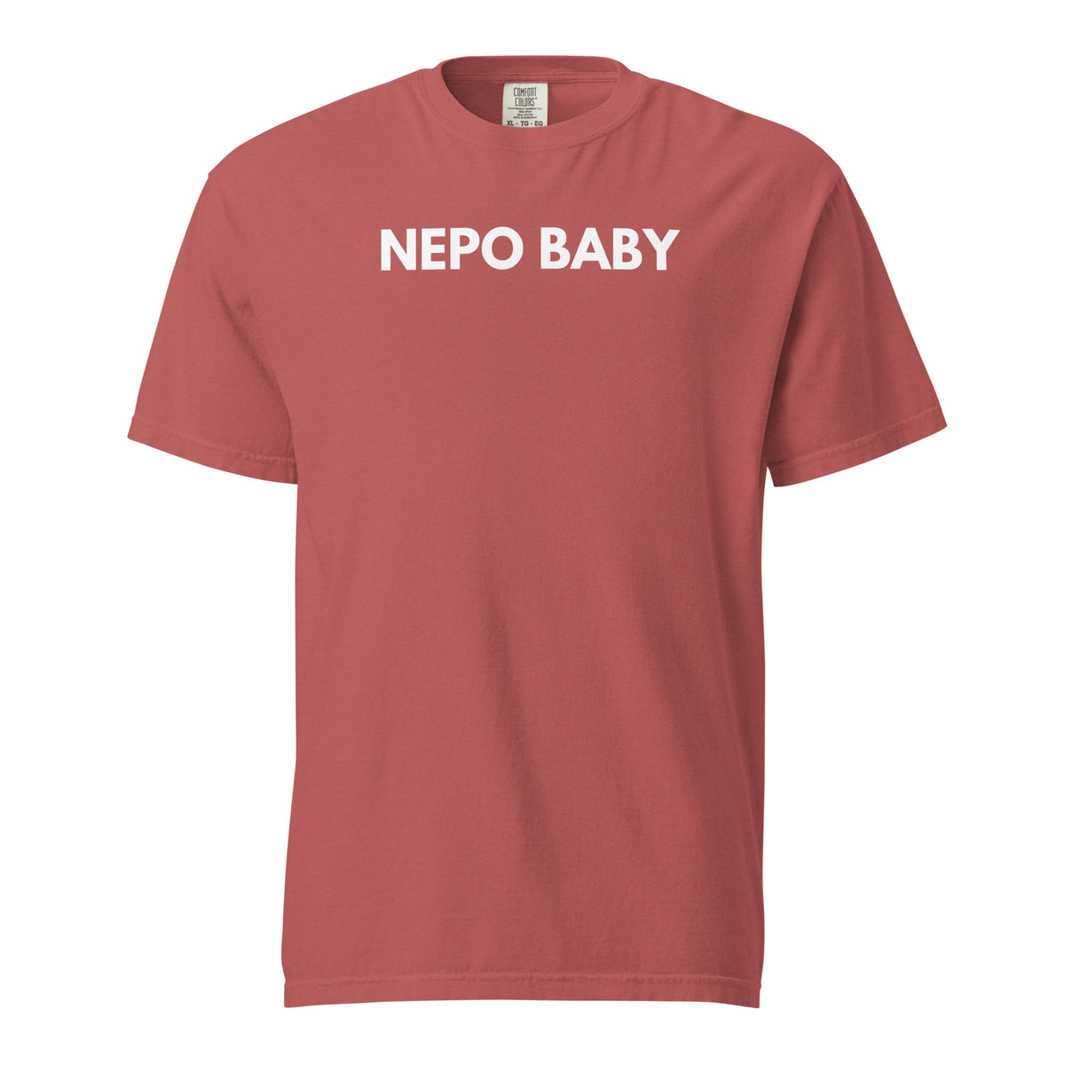 Crimson T-shirt, front view, with white 'NEPO BABY' lettering.