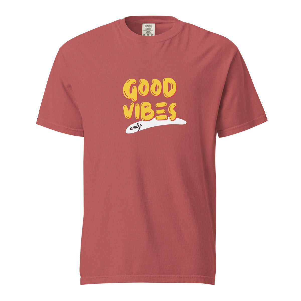 Crimson T-shirt, front view with yellow "Good Vibes" lettering and a white underline.