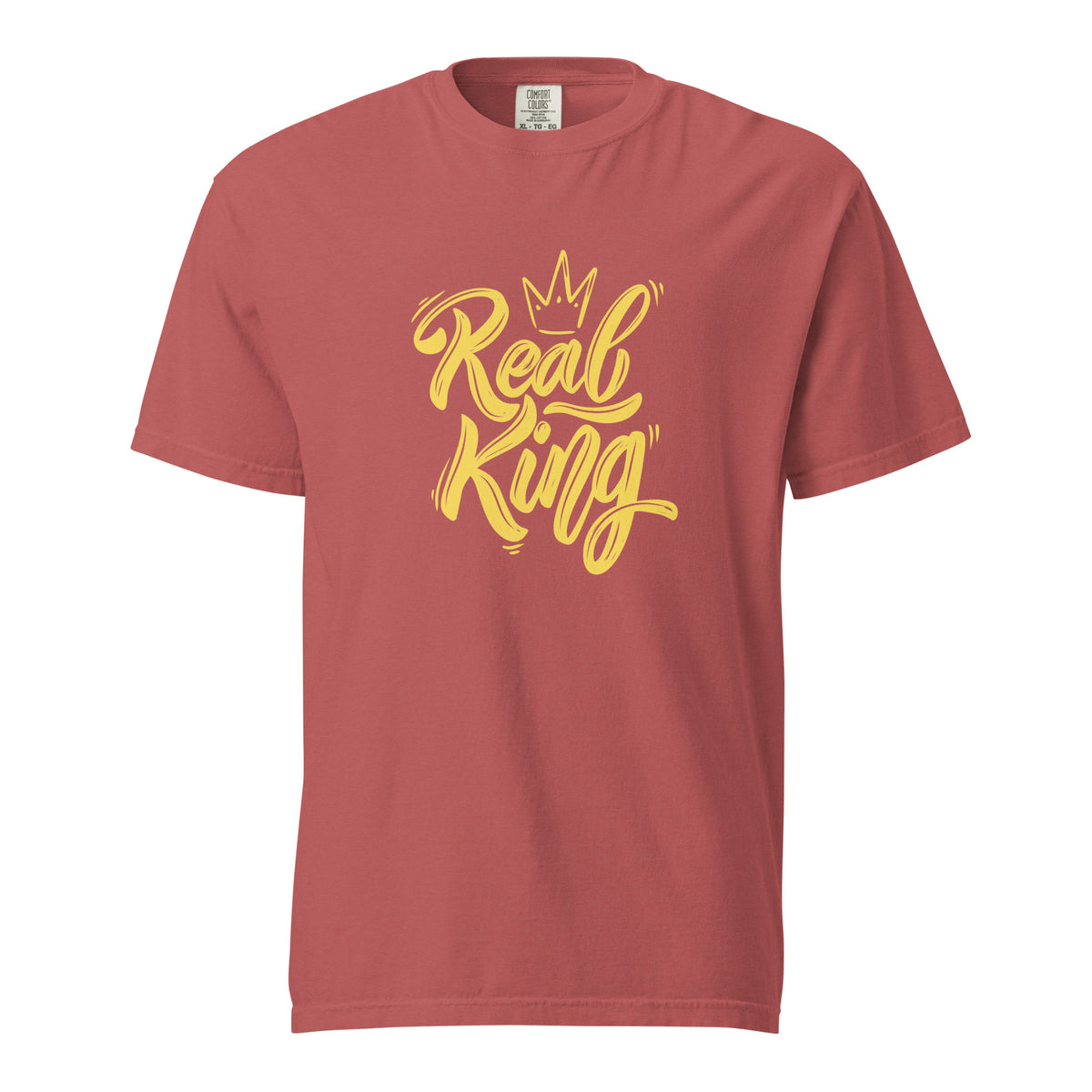 Crimson T-shirt with yellow Real King script and crown, front view.