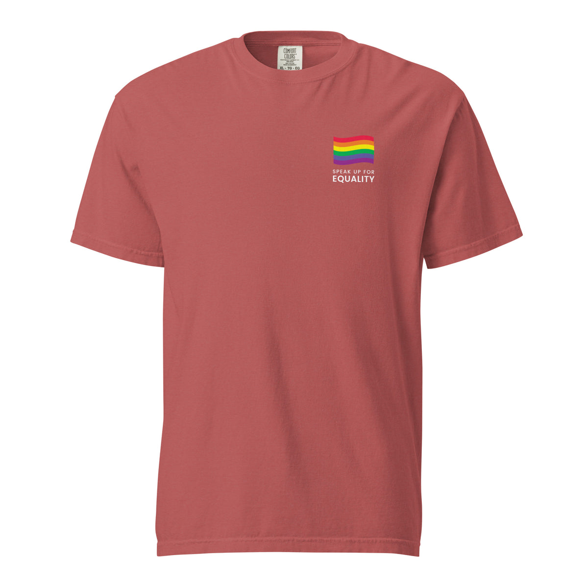 Crimson T-shirt with a rainbow flag and equality message, front view.