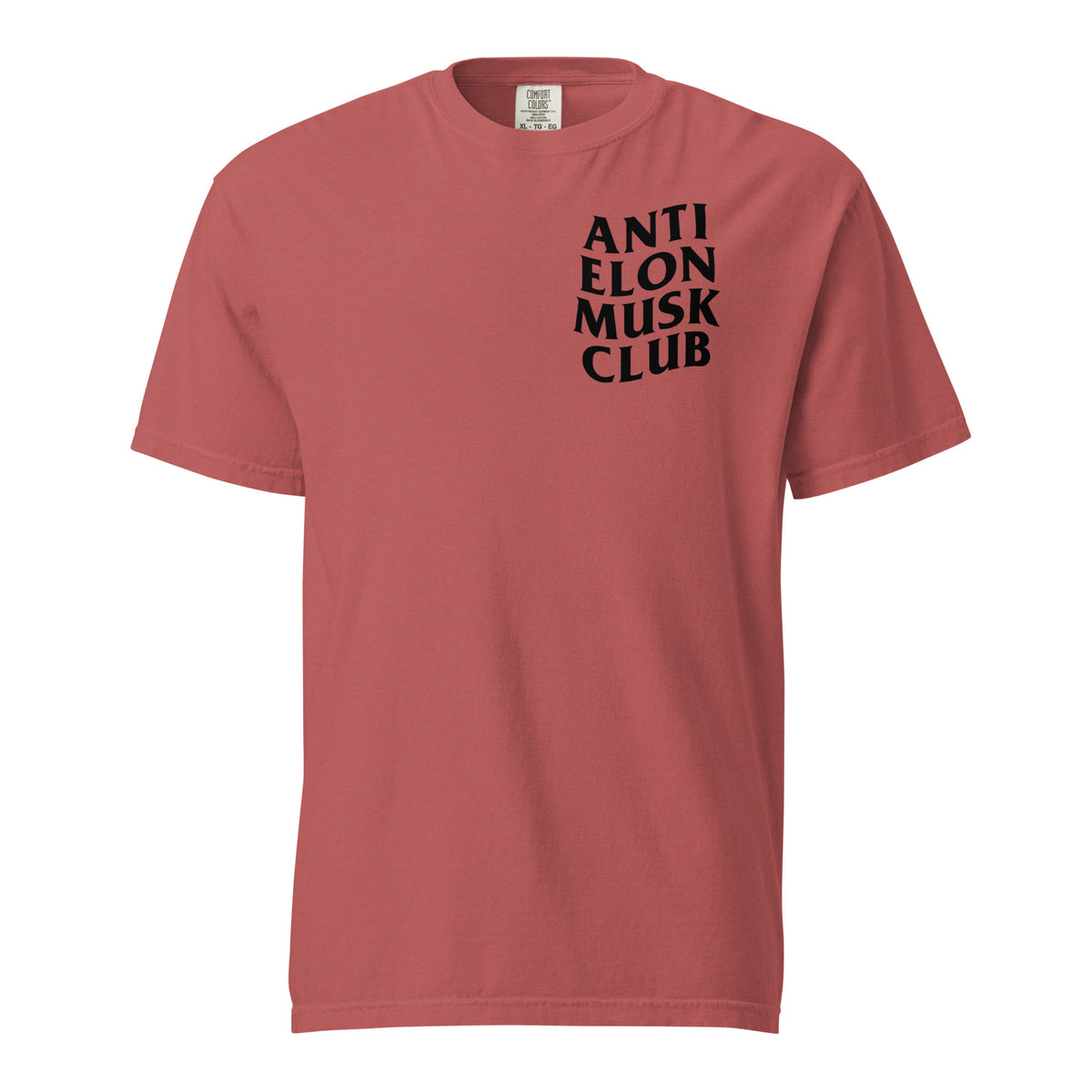Crimson T-shirt, front view with small black "Anti Elon Musk Club" chest lettering.