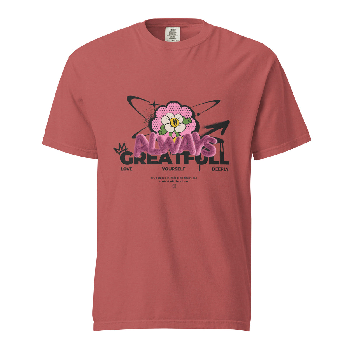 Crimson T-shirt with a pink flower and Always Grateful lettering, front view.