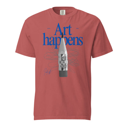 Crimson T-shirt with blue Art Happens text and pencil graphic, front view.
