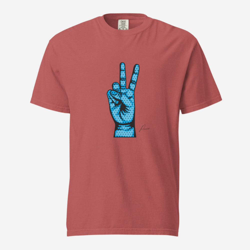 Crimson T-shirt, front view, with an illustrated blue hand making a peace sign.