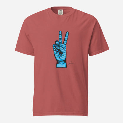 Crimson T-shirt, front view, with an illustrated blue hand making a peace sign.