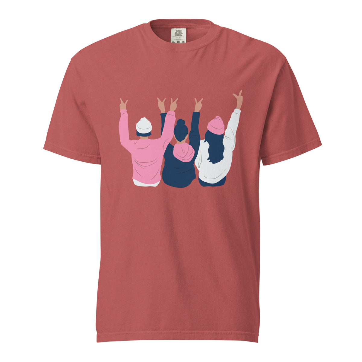 Crimson T-shirt, front view with an illustration of three figures raising peace signs.