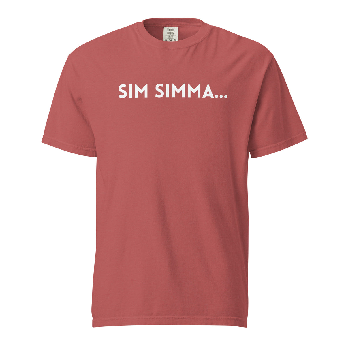 Crimson T-shirt, front view with white "SIM SIMMA..." lettering.