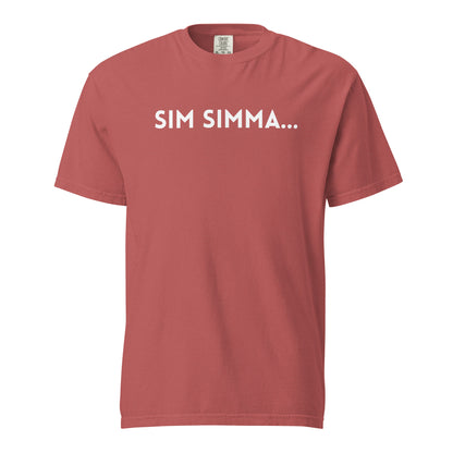 Crimson T-shirt, front view with white "SIM SIMMA..." lettering.